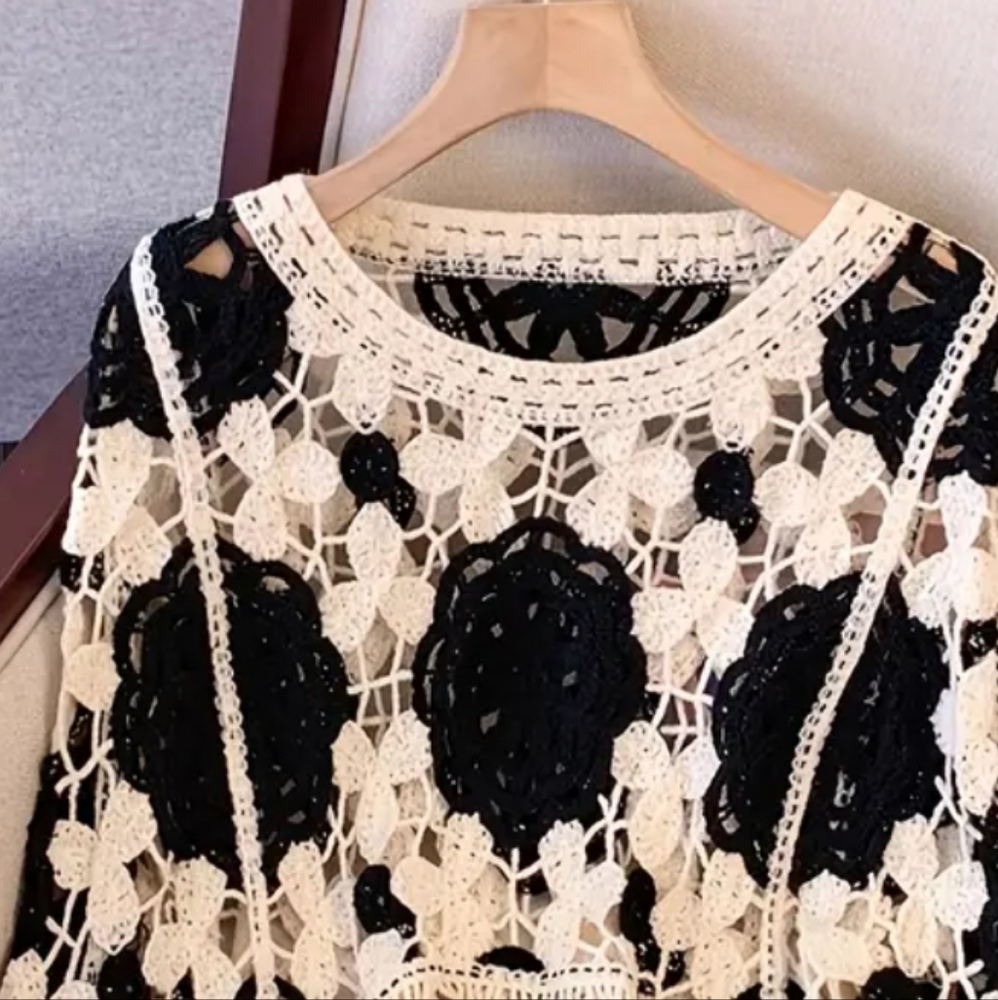Cropped Black and Cream Cut Out Crocheted Blouse